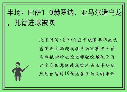 半场：巴萨1-0赫罗纳，亚马尔造乌龙，孔德进球被吹
