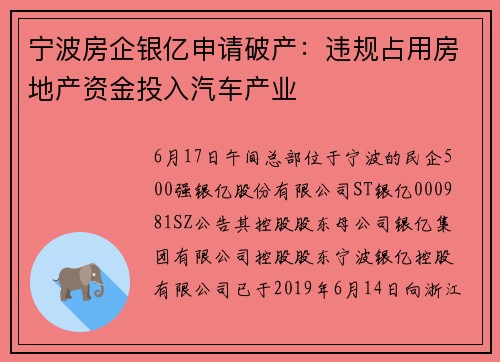 宁波房企银亿申请破产：违规占用房地产资金投入汽车产业