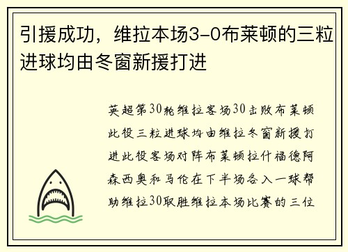 引援成功，维拉本场3-0布莱顿的三粒进球均由冬窗新援打进
