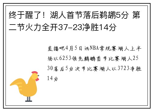 终于醒了！湖人首节落后鹈鹕5分 第二节火力全开37-23净胜14分