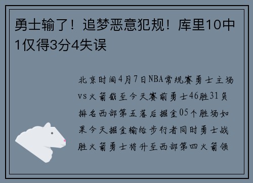 勇士输了！追梦恶意犯规！库里10中1仅得3分4失误