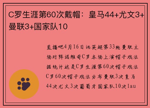 C罗生涯第60次戴帽：皇马44+尤文3+曼联3+国家队10